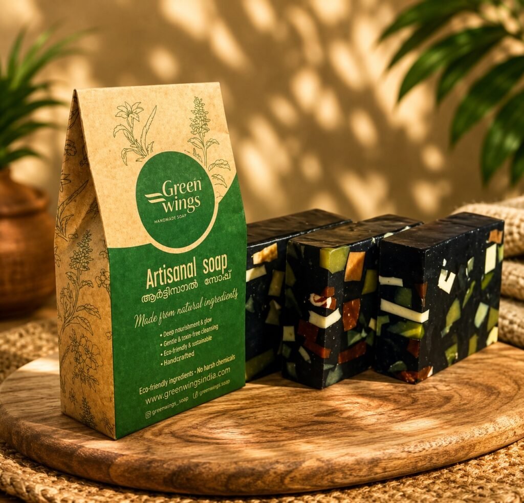 Greenwings artisanal soap packaging with dark mosaic soap bars