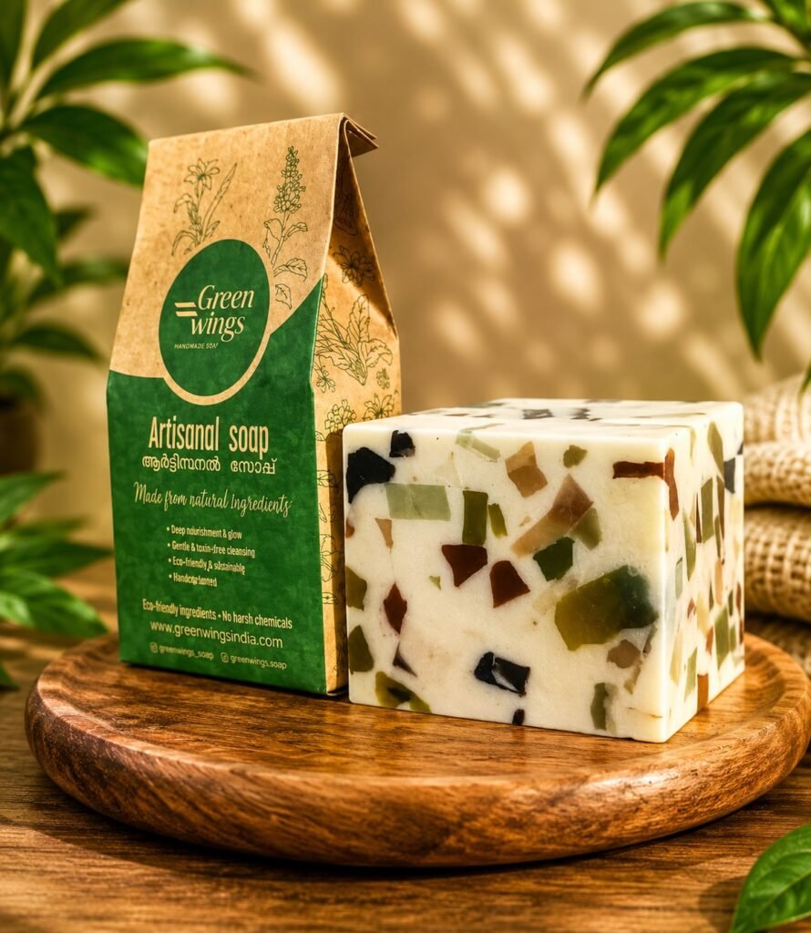 Greenwings artisanal soap packaging with white botanical mosaic soap