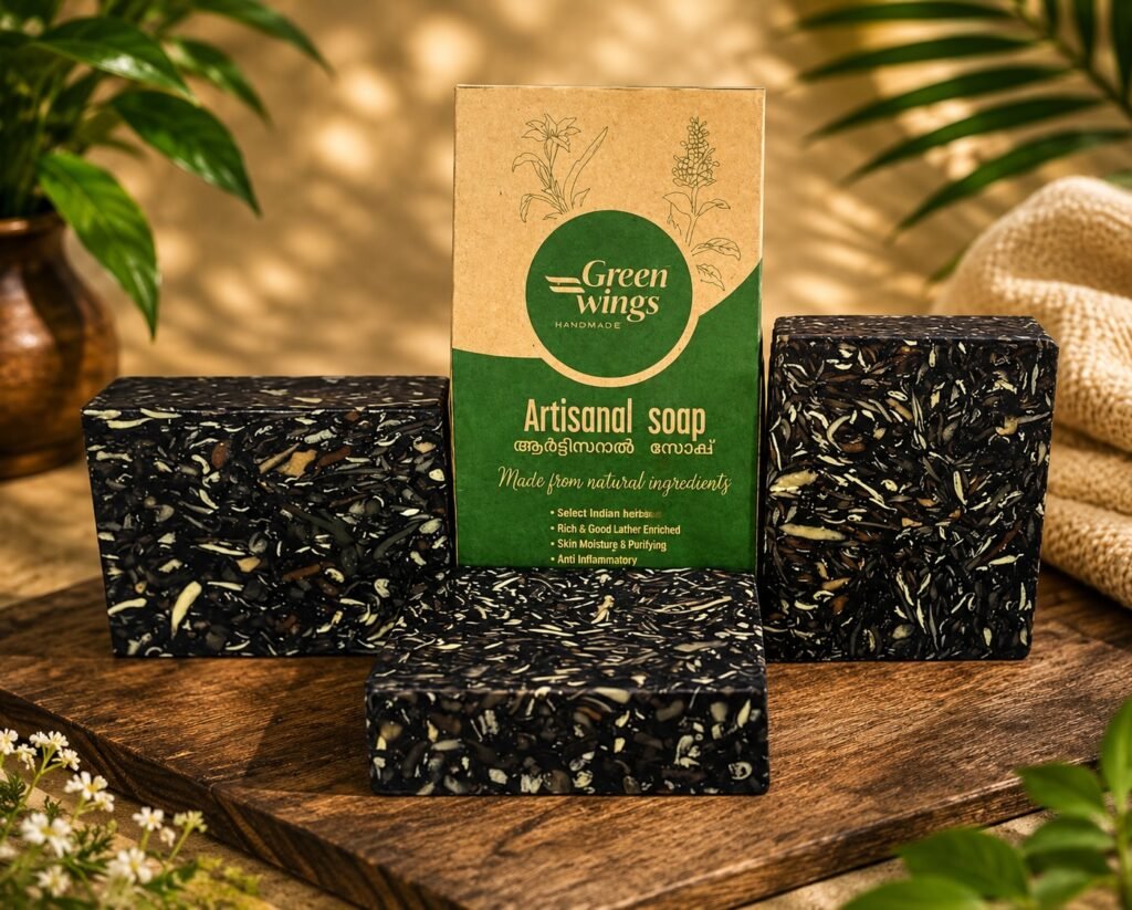 Greenwings artisanal soap packaging with dark textured soap bars