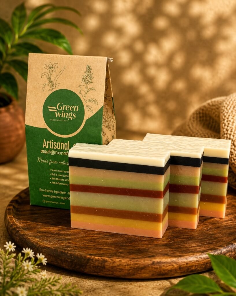 Greenwings artisanal soap packaging with striped handmade soap bars