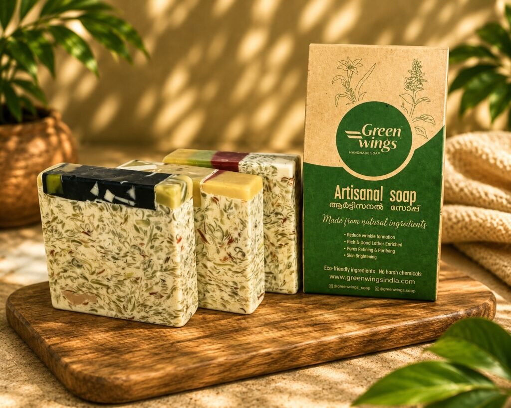 Greenwings artisanal soap packaging with botanical-speckled soap bars