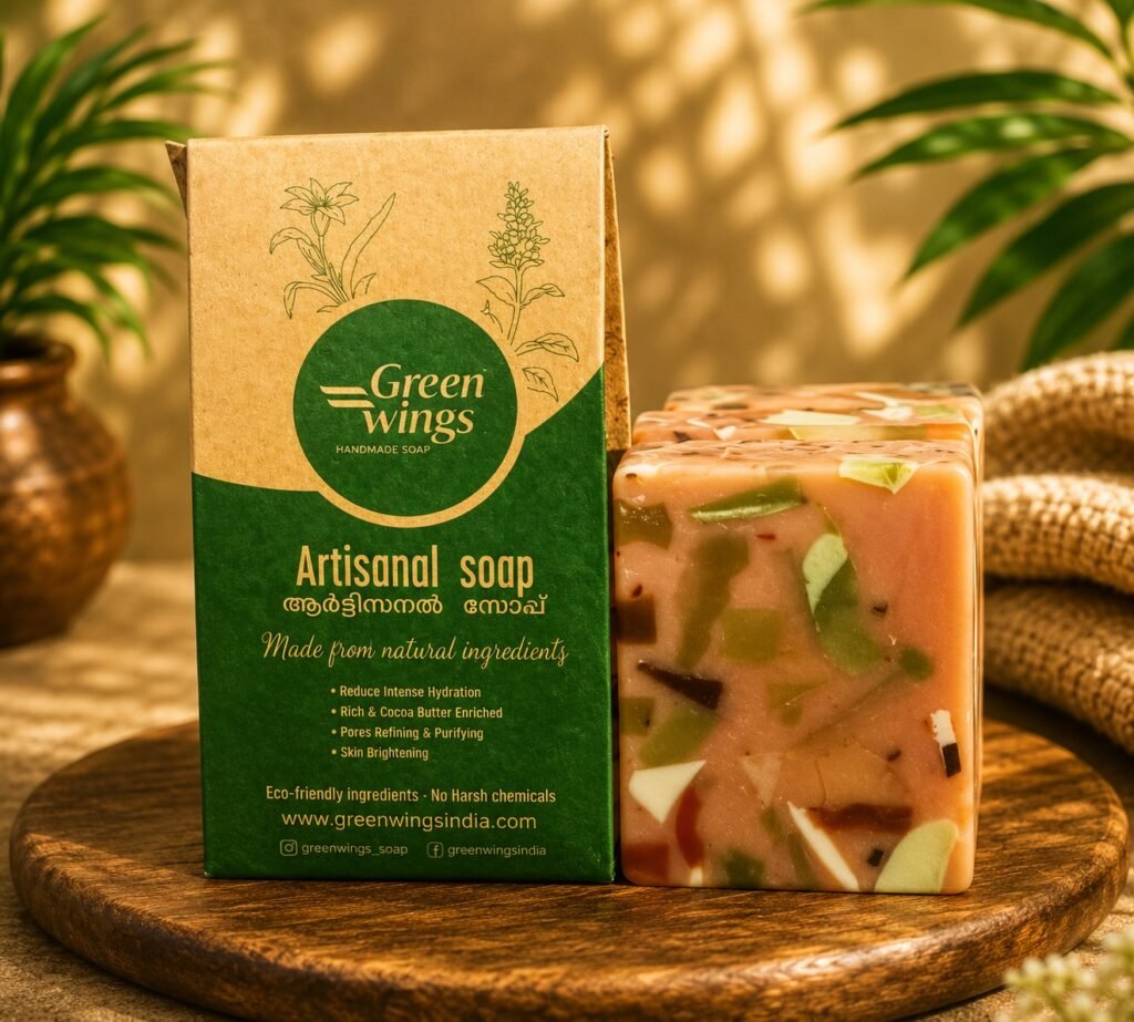 Greenwings artisanal soap packaging with peach marbled soap