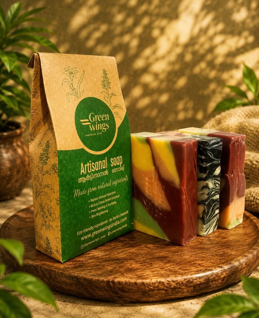 Greenwings artisanal soap packaging with colourful marbled soap bars