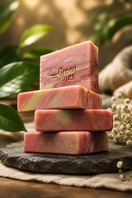 Stack of hand-marbled Greenwings artisanal soap bars