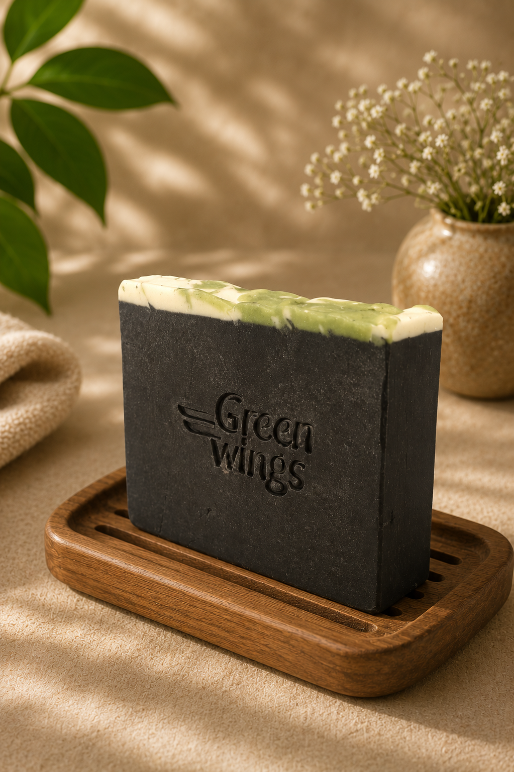 Greenwings Charcoal Aloe Vera Soap on a wooden soap dish