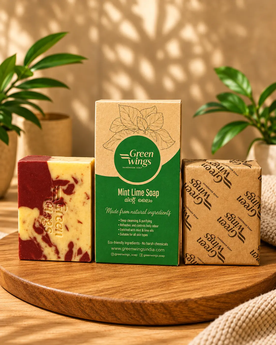 Greenwings Mint and Lime handcrafted soaps arranged in their botanical packaging