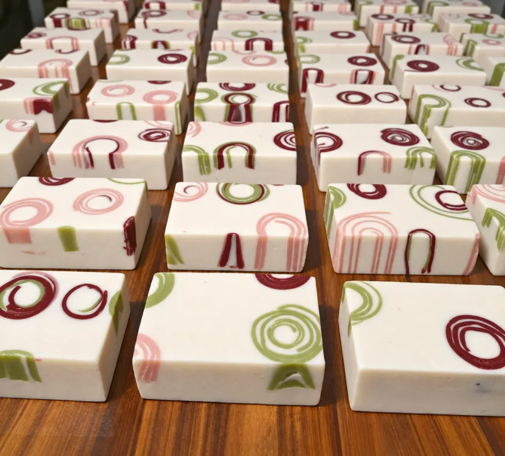 A fresh batch of white Greenwings soaps patterned with botanical colours