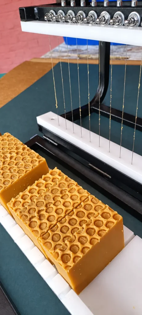 A genuine Greenwings workshop moment showing an artisanal soap slab being cut by hand