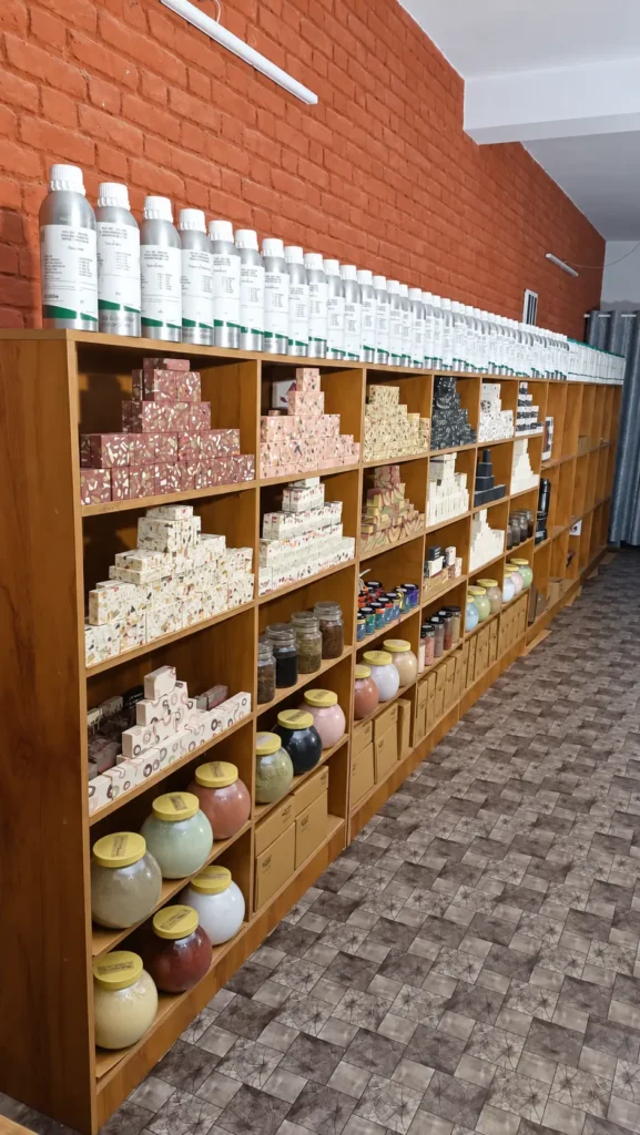 The genuine Greenwings studio showroom with shelves of handcrafted soaps and botanical ingredients