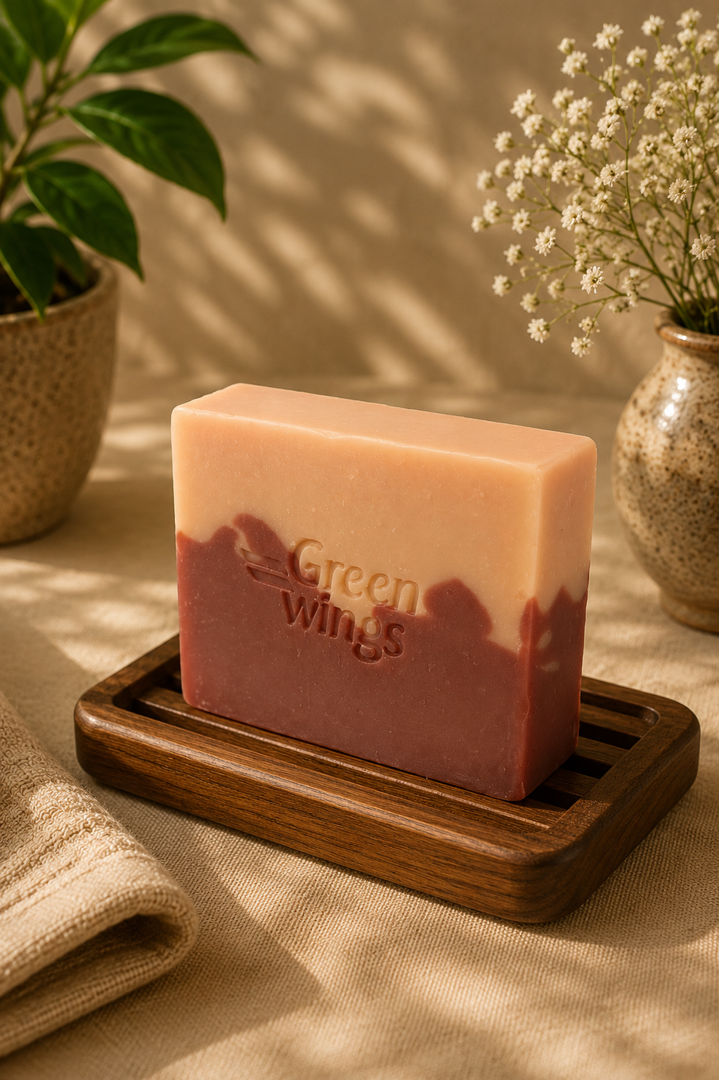 Greenwings Milk and Manjishta Soap on a wooden soap dish