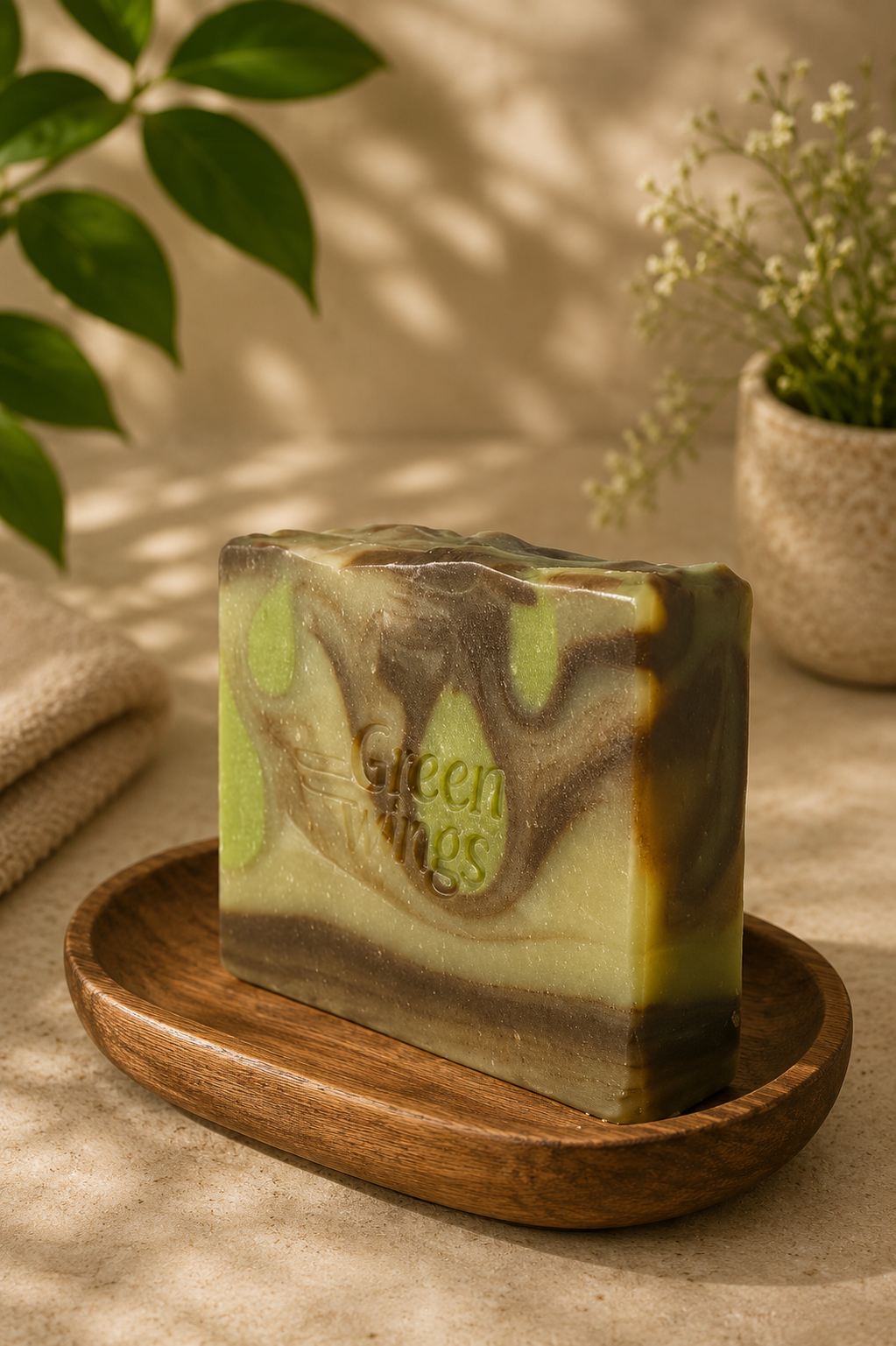 Greenwings Neem and Thulasi Soap on a wooden soap dish