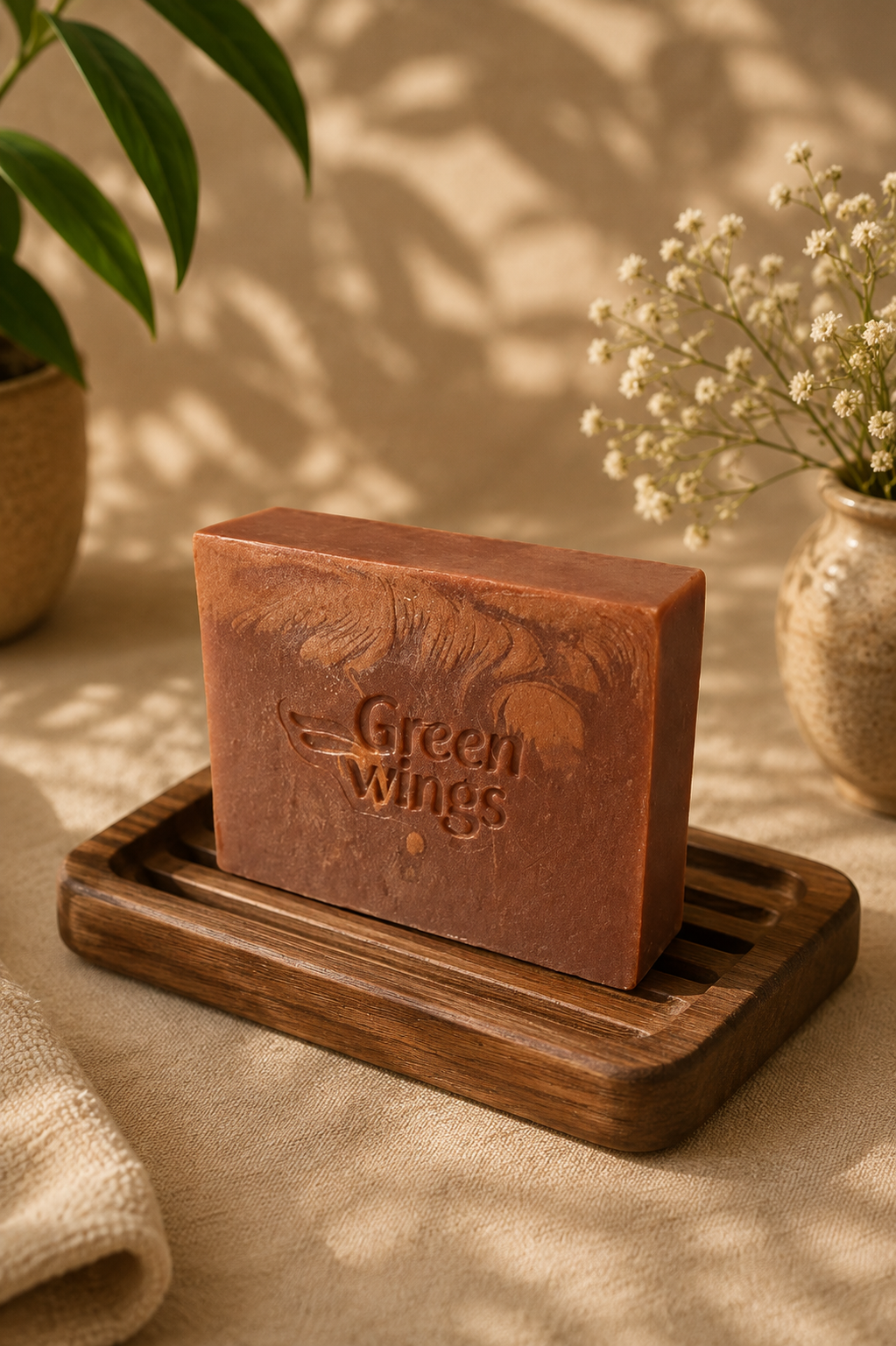Greenwings Red Sandal Honey Soap on a wooden soap dish